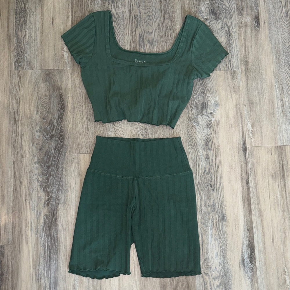 Green Ribbed Crop Top and Shorts Set